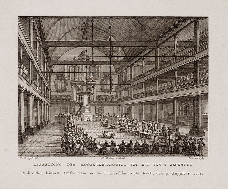 Vergadering van de Maatschappij tot nut van het algemeen in de Oude Lutherse kerk in Amsterdam in 1791